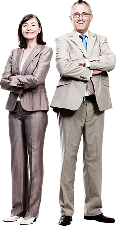 Professional woman and man standing with arms crossed smiling confidently