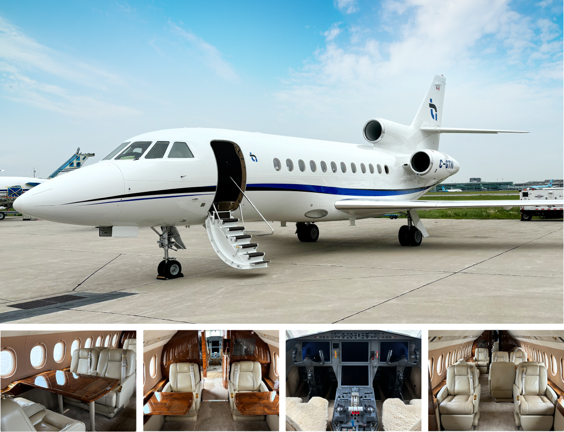 Exterior and interior images of THI Falcon 900DX jet with THI logo on tail at airport